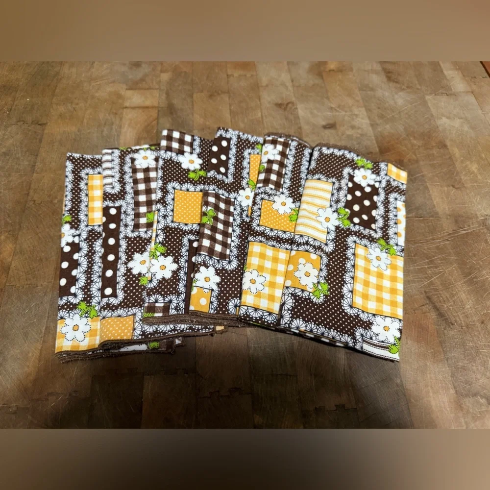 Vintage Brown and Yellow Floral Patchwork Napkins Set of 6